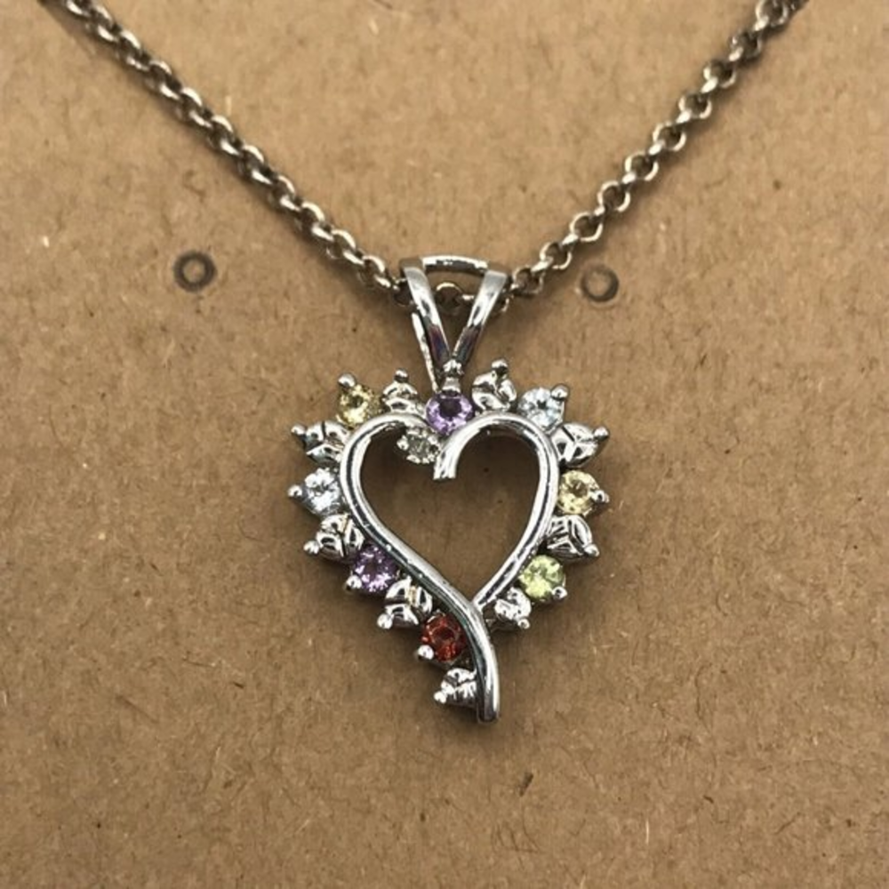 Diamond Chip Multicolored Gems Sterling Silver 925 Heart Pendant Necklace 18"